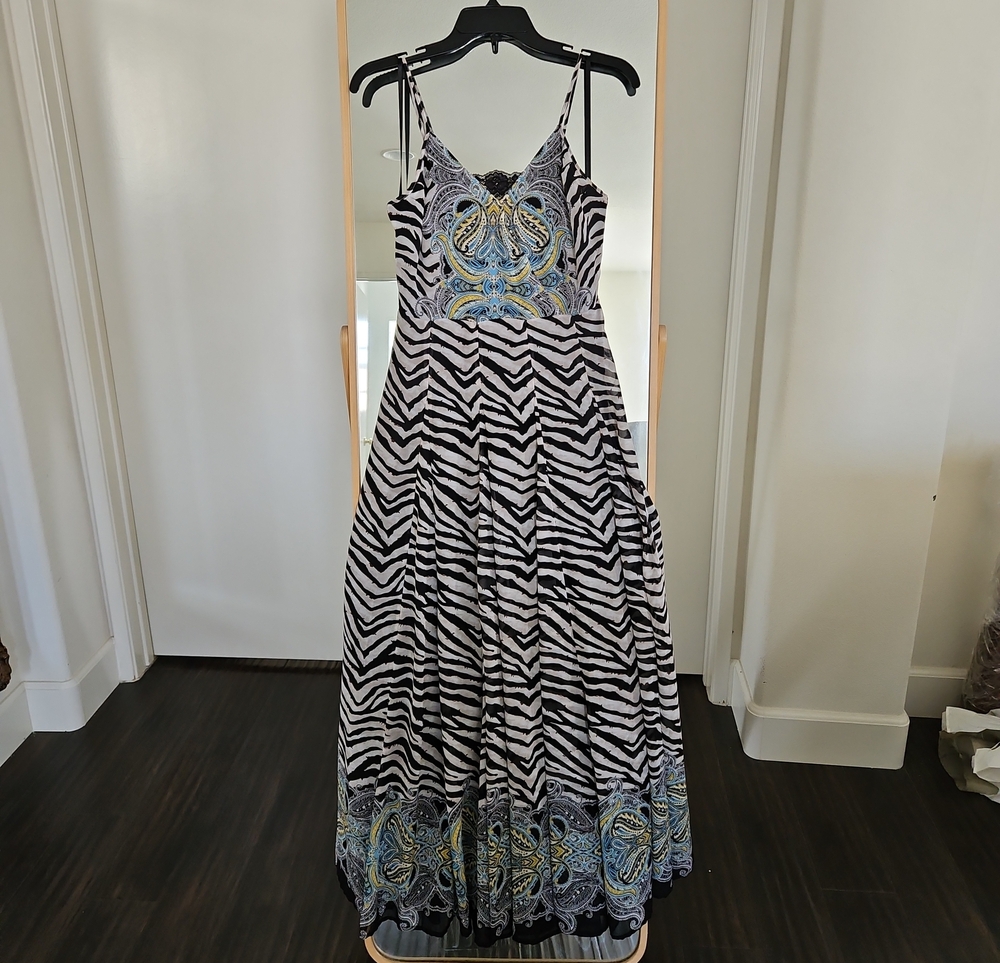 Sleeveless Black & White Zebra Print Maxi Dress with Blue Paisley Trim